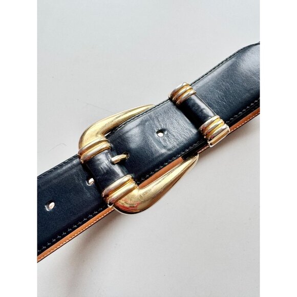 Vintage AQUASCUTUM Navy Blue Leather Large Gold Buckle Waist Belt, Size S - Picture 3 of 16